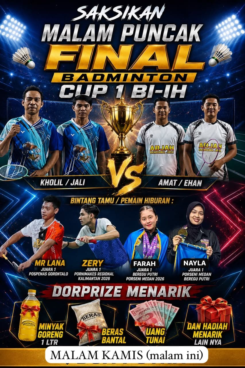 Final Badminton Bi’ih Cup 1 Malam Ini, Duel Sengit dan Doorprize Meriah Siap Bikin Penonton Bergemuruh